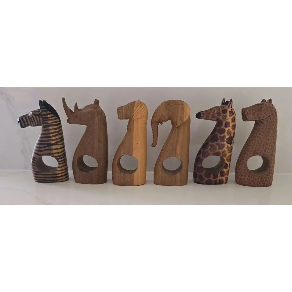 Vintage African Animals‎ Besmo Kenya Hand Carved Wooden Napkin Rings Set Of Six